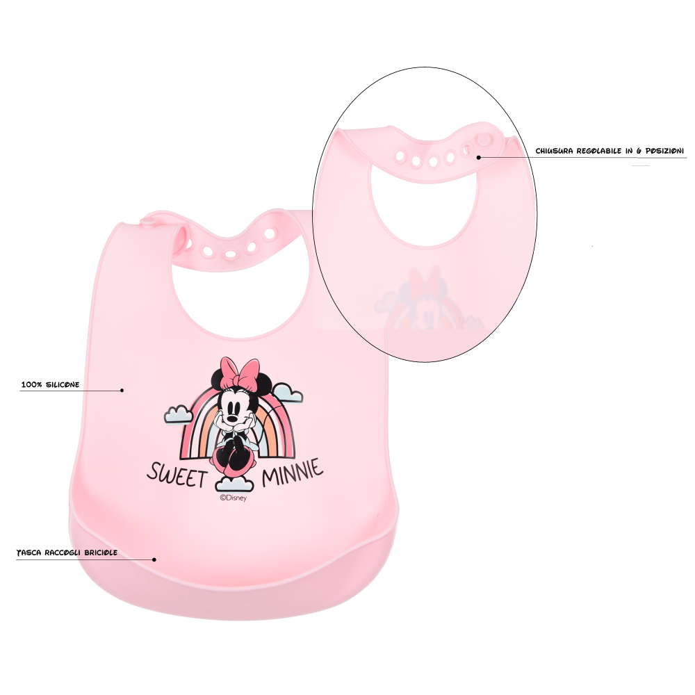 Bavette Minnie DISNEY Bavaglino in Silicone 30 X 23 CM con Tasca Raccogli Briciole per Bambini - Ye09010