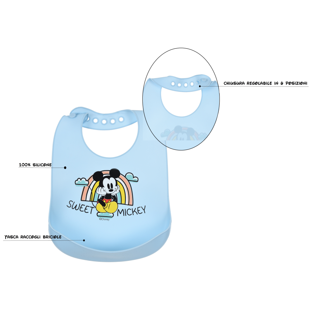 Bavette Topolino DISNEY Bavaglino in Silicone 30 X 23 CM con Tasca Raccogli Briciole per Bambini - Ye09011