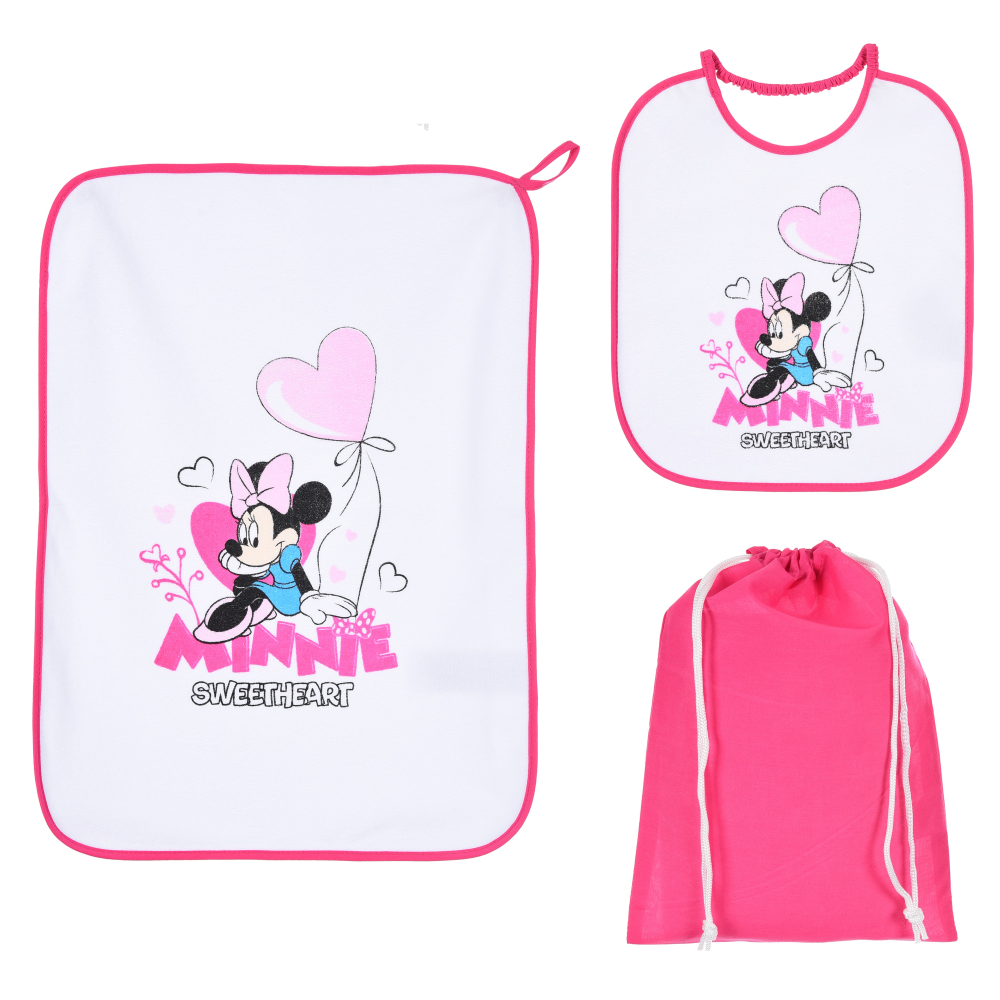 Set Asilo 3 Pezzi Minnie DISNEY Bavetta con Elastico Tovaglietta Sacca - Ye09013