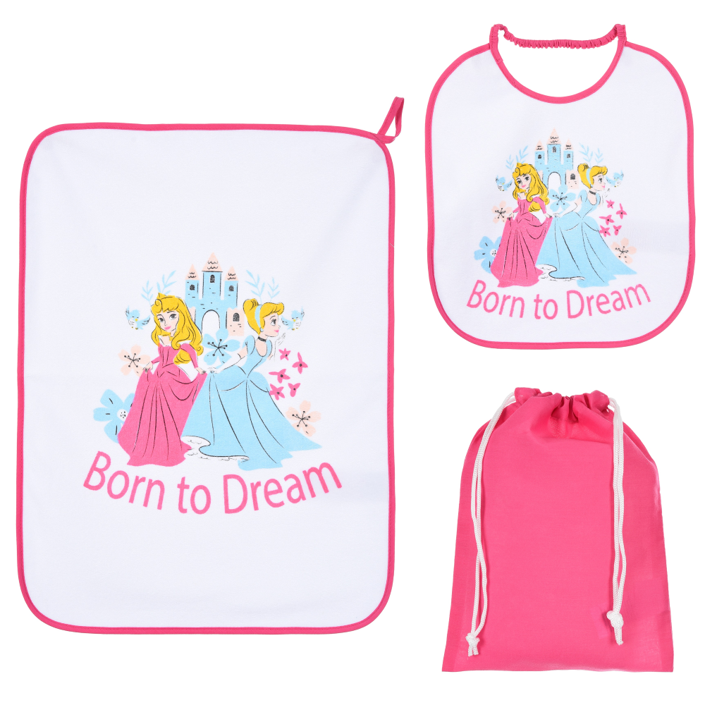 Set Asilo 3 Pezzi Principesse DISNEY Bavetta con Elastico Tovaglietta Sacca - Ye09015