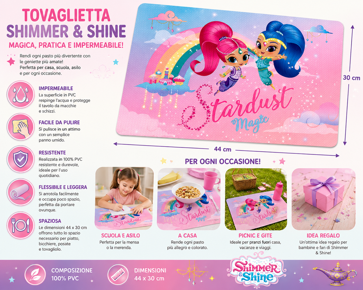 Tovaglietta Shimmer e Shine Nickelodeon in Plastica Morbida Ripiegabile da Colazione Pranzo Cm.44x30 - Ss0312