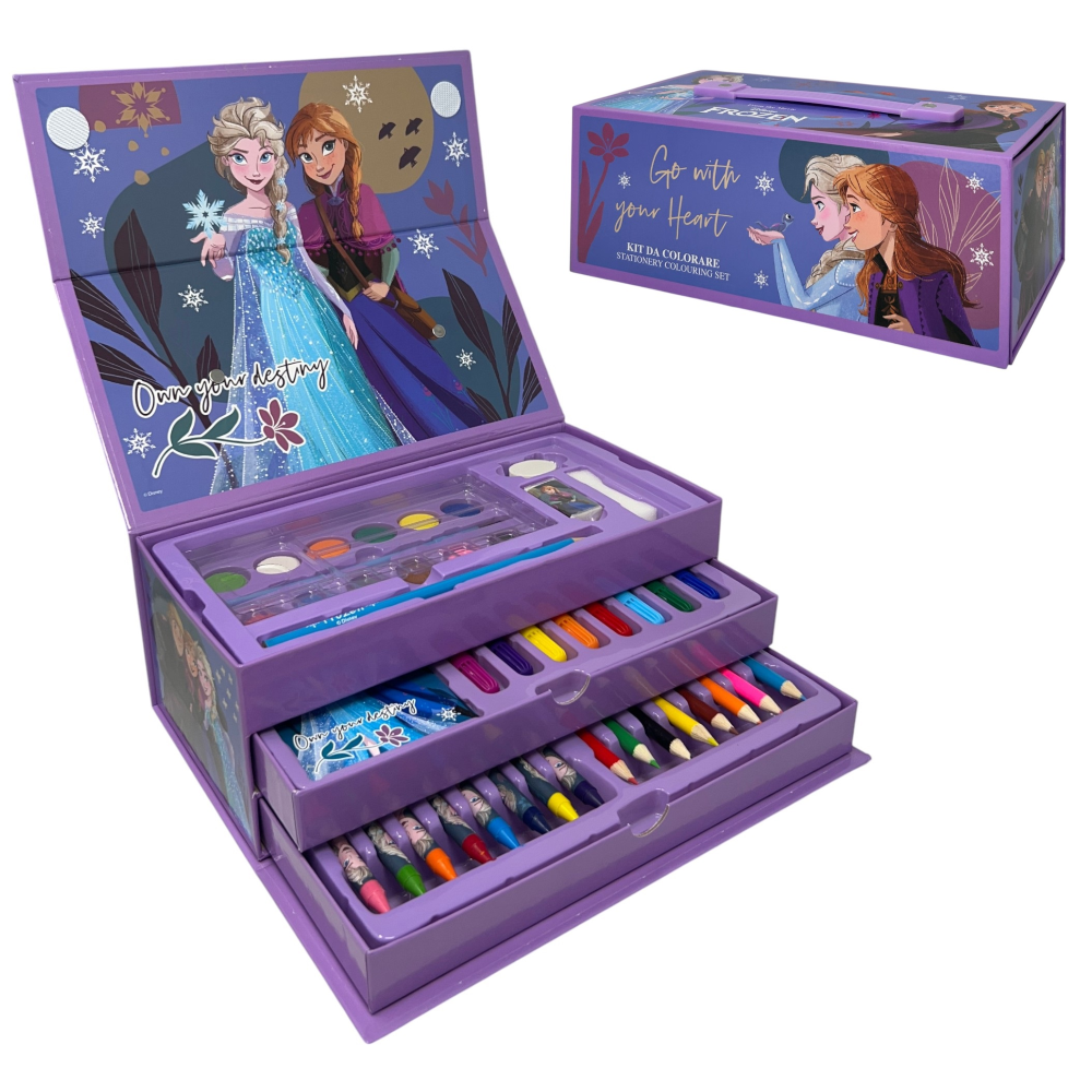 Colori Frozen DISNEY Pennarelli Acquerelli e Pastelli Scatola 52 Pezzi con Cassetti - 0830