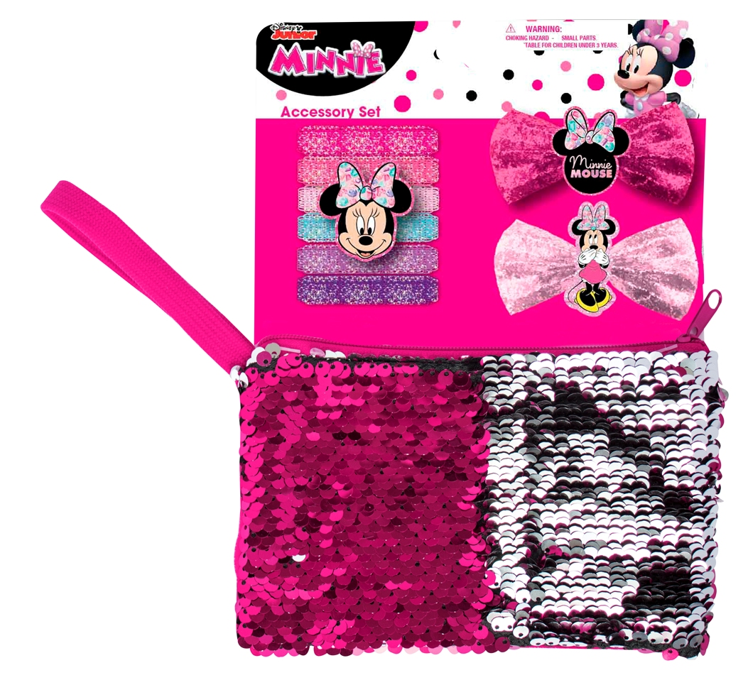 Set Minnie Mouse DISNEY Specchietto, 2 Pinze per Capelli, Borsettina con Pailettes Magiche  - 63764
