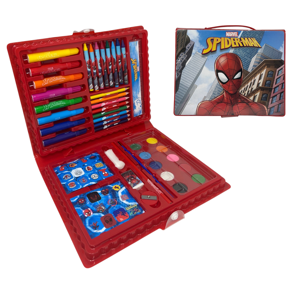 Valigetta 65 Pezzi Spiderman MARVEL Scatola Colori Cancelleria Stickers per Bambini - 8224