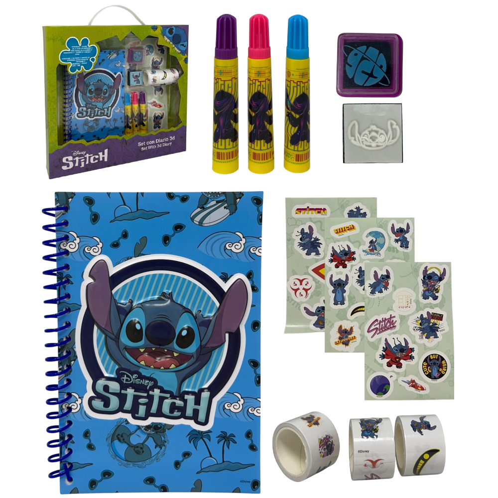 Agenda con Accessori Stitch DISNEY Set Cancelleria 12 Pezzi Diario Stickers Colori - Lst1054