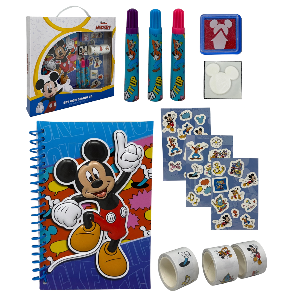 Agenda con Accessori Topolino DISNEY Set Cancelleria 12 Pezzi Diario Stickers Colori - Mic1054