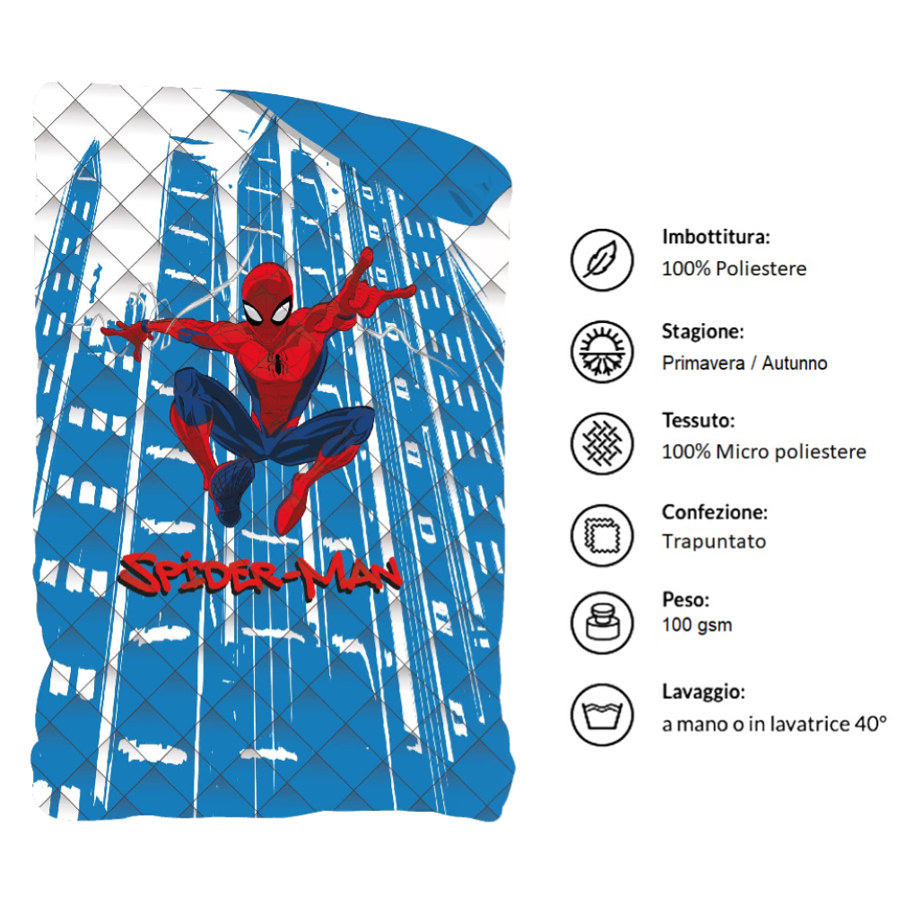 Trapuntino Doubleface Spiderman MARVEL Coperta Copriletto Trapuntato 100 Gsm Letto Singolo 170x250 CM - Spm1780
