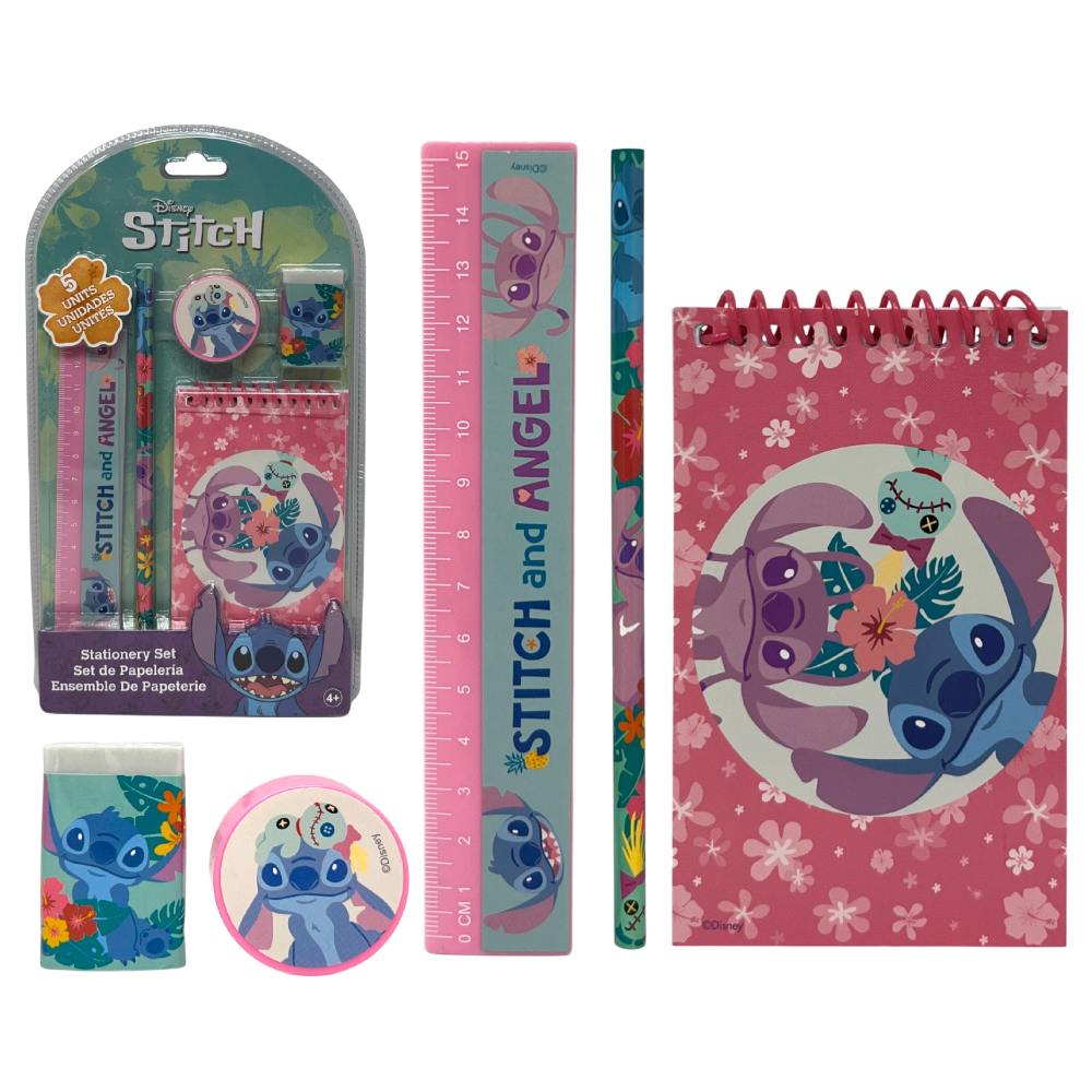 Set Cancelleria Stitch e Angel DISNEY 5 Pezzi Block Notes Matita Gomma Temperamatite e Righello - St00075