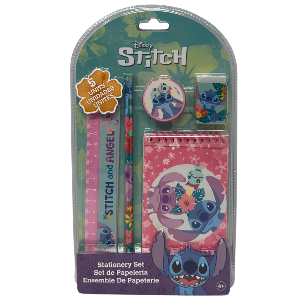Set Cancelleria Stitch e Angel DISNEY 5 Pezzi Block Notes Matita Gomma Temperamatite e Righello - St00075