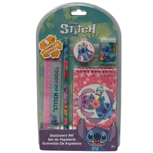 Set Cancelleria Stitch e Angel DISNEY 5 Pezzi Block Notes Matita Gomma Temperamatite e Righello - St00075