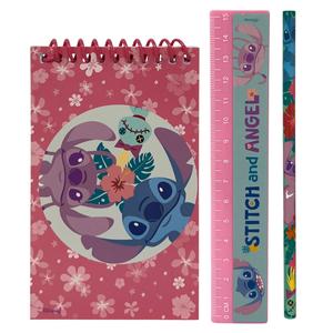 Set Cancelleria Stitch e Angel DISNEY 5 Pezzi Block Notes Matita Gomma Temperamatite e Righello - St00075
