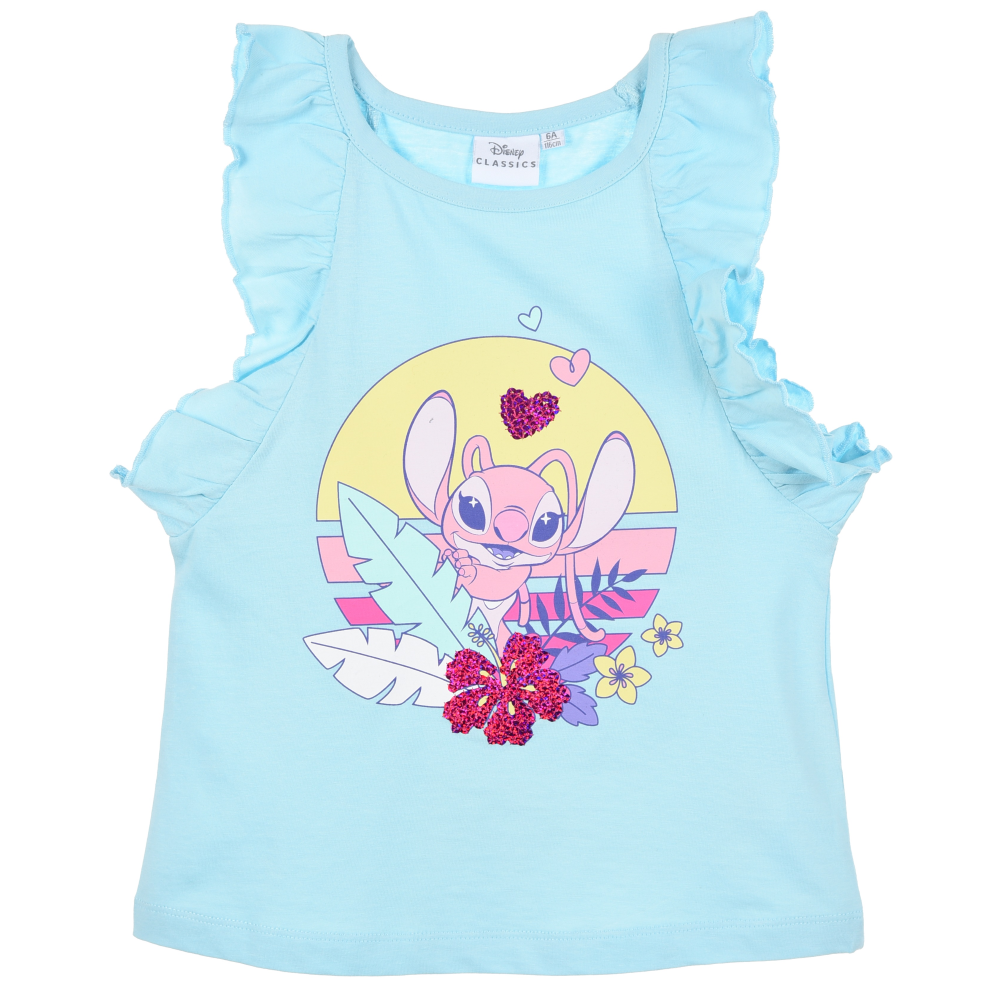 Canotta Angel Stitch DISNEY in Cotone Smanicata con Rouche Bambina - Ye10086.celeste