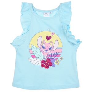 Canotta Angel Stitch DISNEY in Cotone Smanicata con Rouche Bambina - Ye10086.celeste