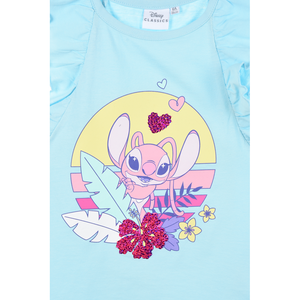 Canotta Angel Stitch DISNEY in Cotone Smanicata con Rouche Bambina - Ye10086.celeste