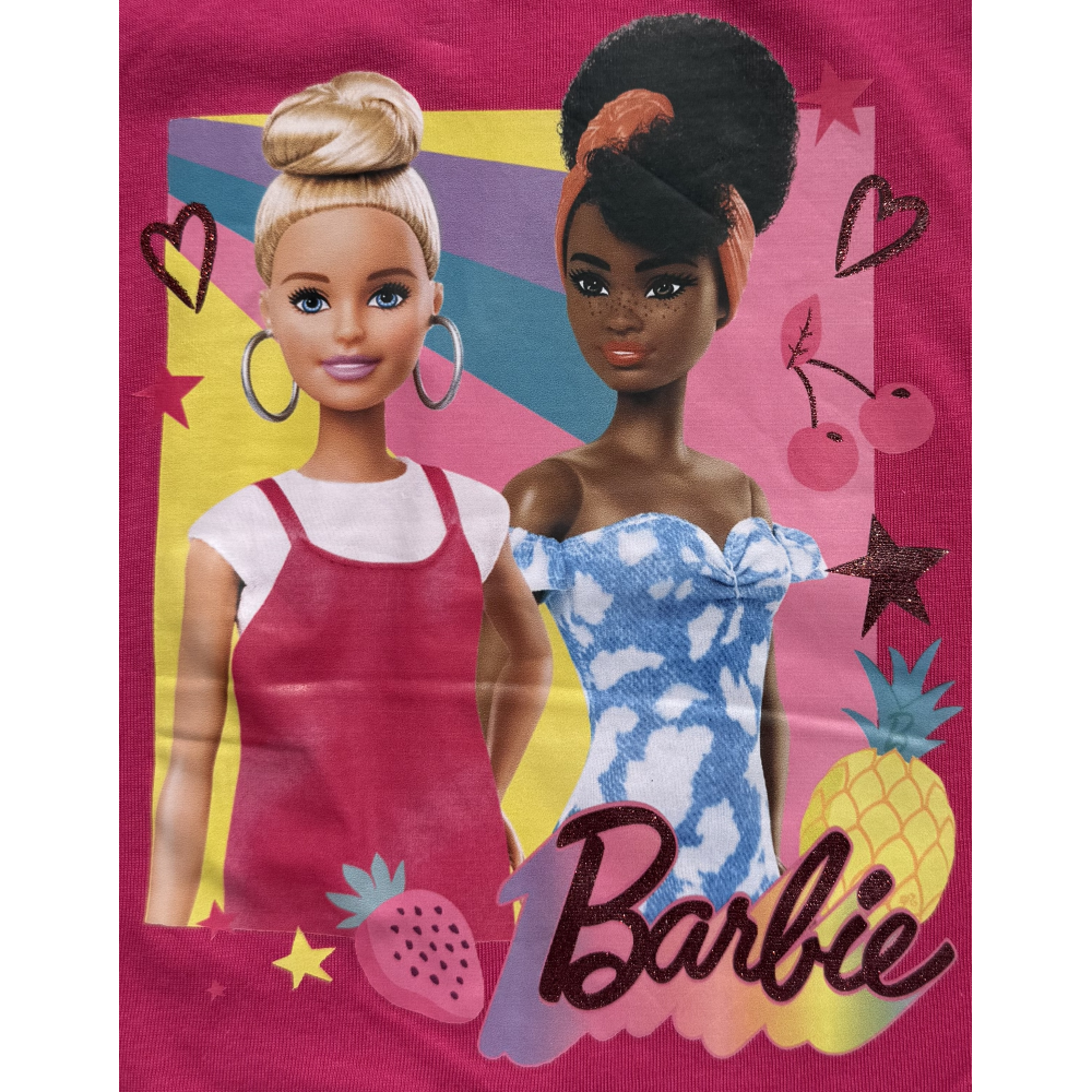 Vestitino Barbie Mattel Scamiciata Abito Smanicato in Cotone Dettagli Glitterati - Ye10025.fucsia