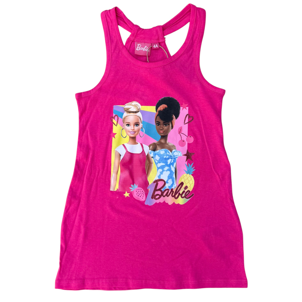 Vestitino Barbie Mattel Scamiciata Abito Smanicato in Cotone Dettagli Glitterati - Ye10025.fucsia