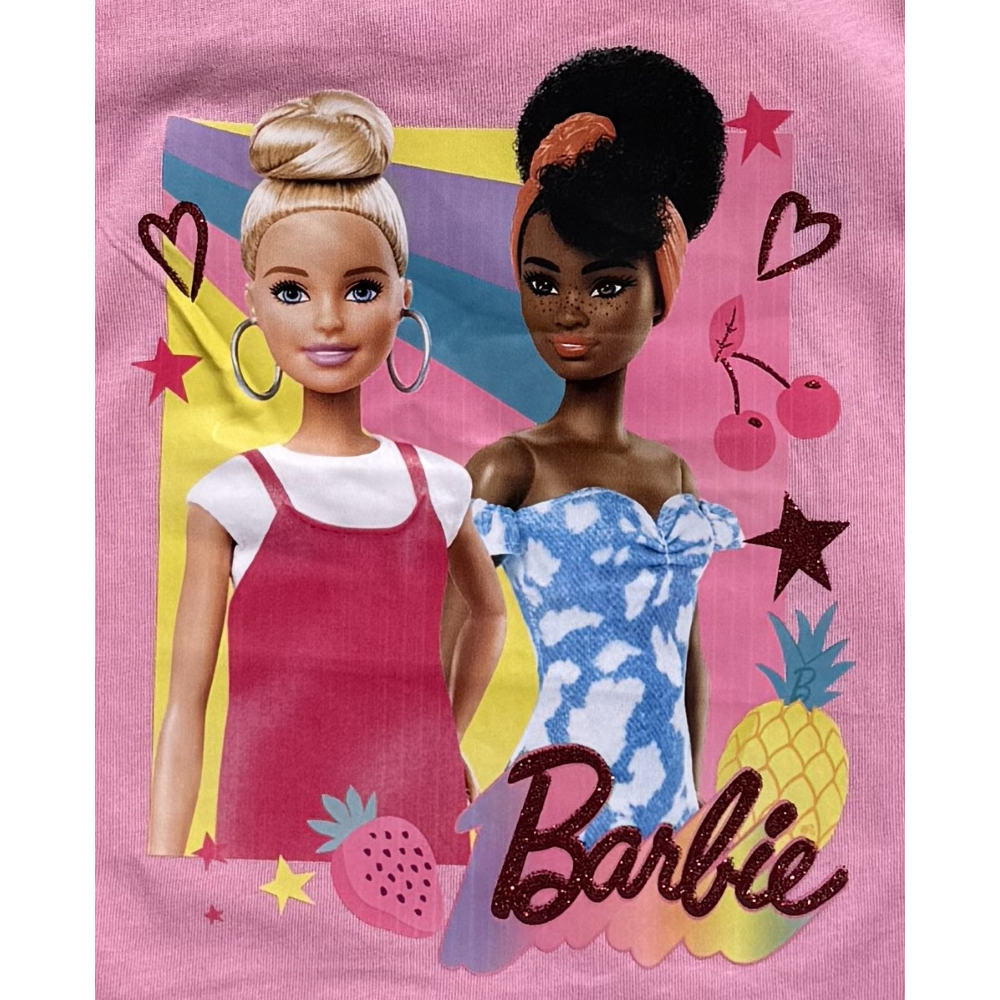 Vestitino Barbie Mattel Scamiciata Abito Smanicato in Cotone Dettagli Glitterati - Ye10025.rosa