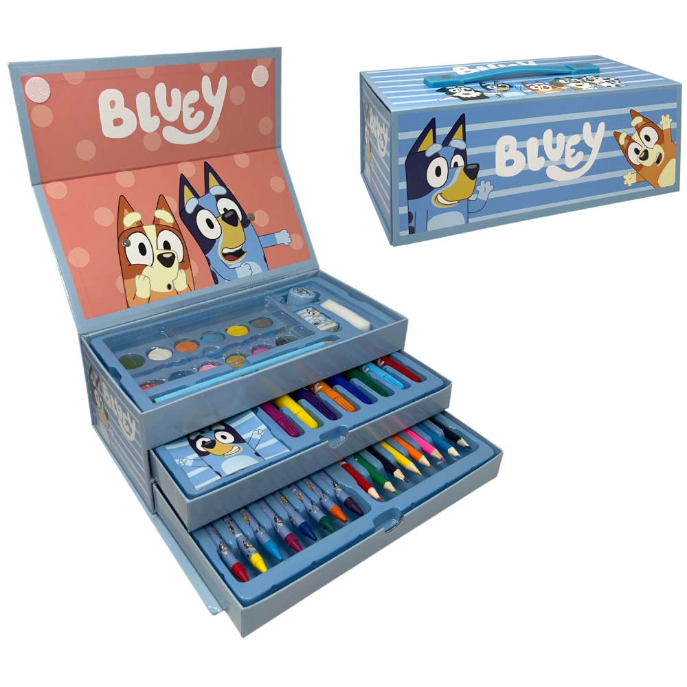 Valigetta Colori Bluey e Bing Set 52 Pezzi Cancelleria Scatola con Cassetti Kit Disegno e Pittura - 2870