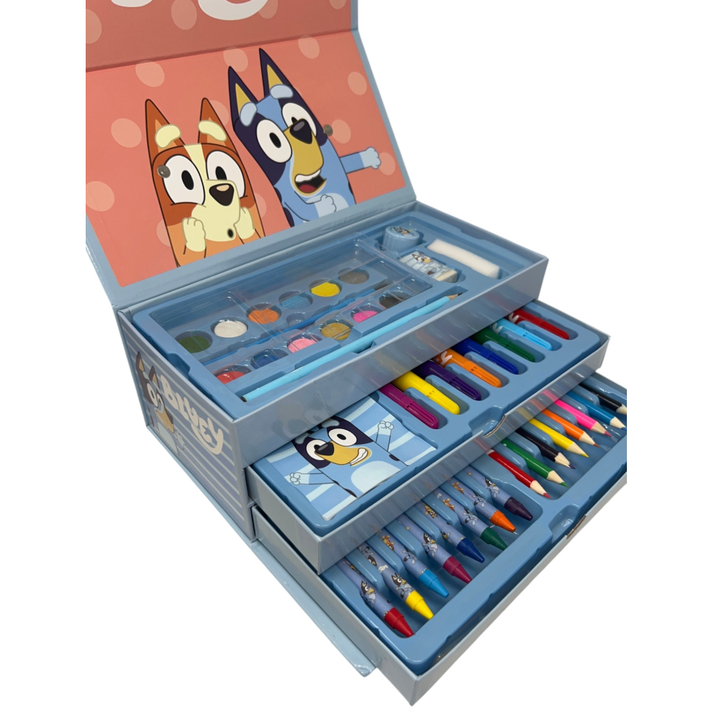 Valigetta Colori Bluey e Bing Set 52 Pezzi Cancelleria Scatola con Cassetti Kit Disegno e Pittura - 2870