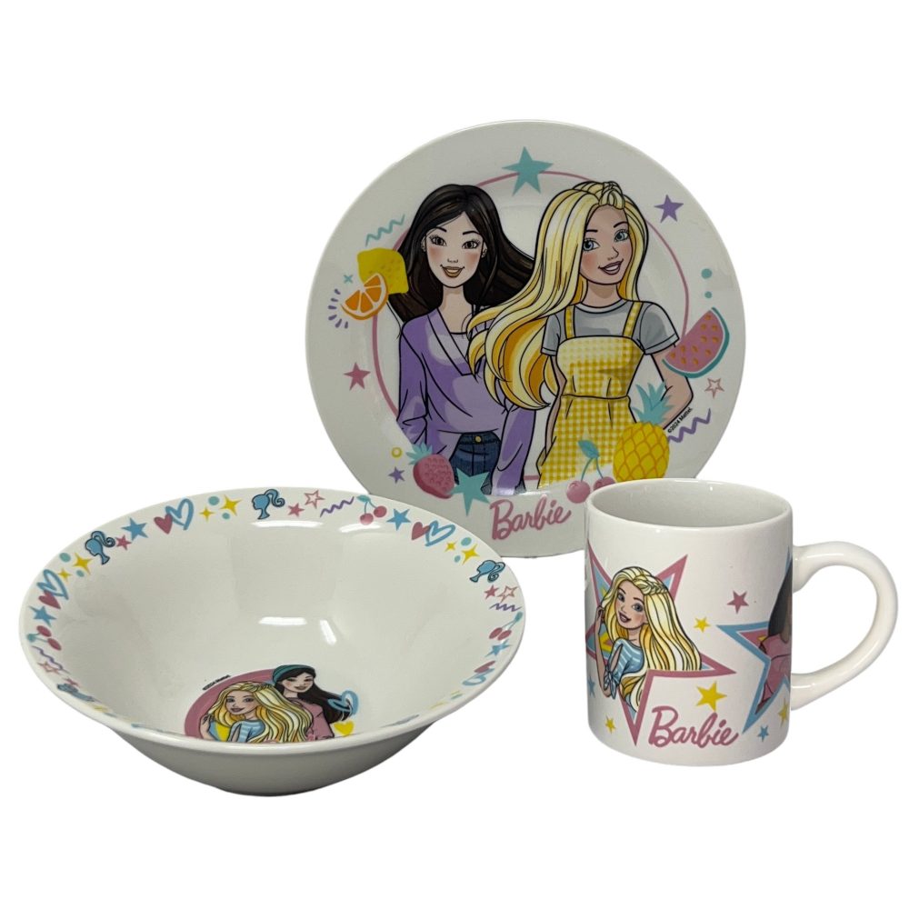 Set 3 Pezzi in Ceramica Barbie Mattel Tazza Ciotola Piatto Stoviglie per Bambini in Confezione - 83050