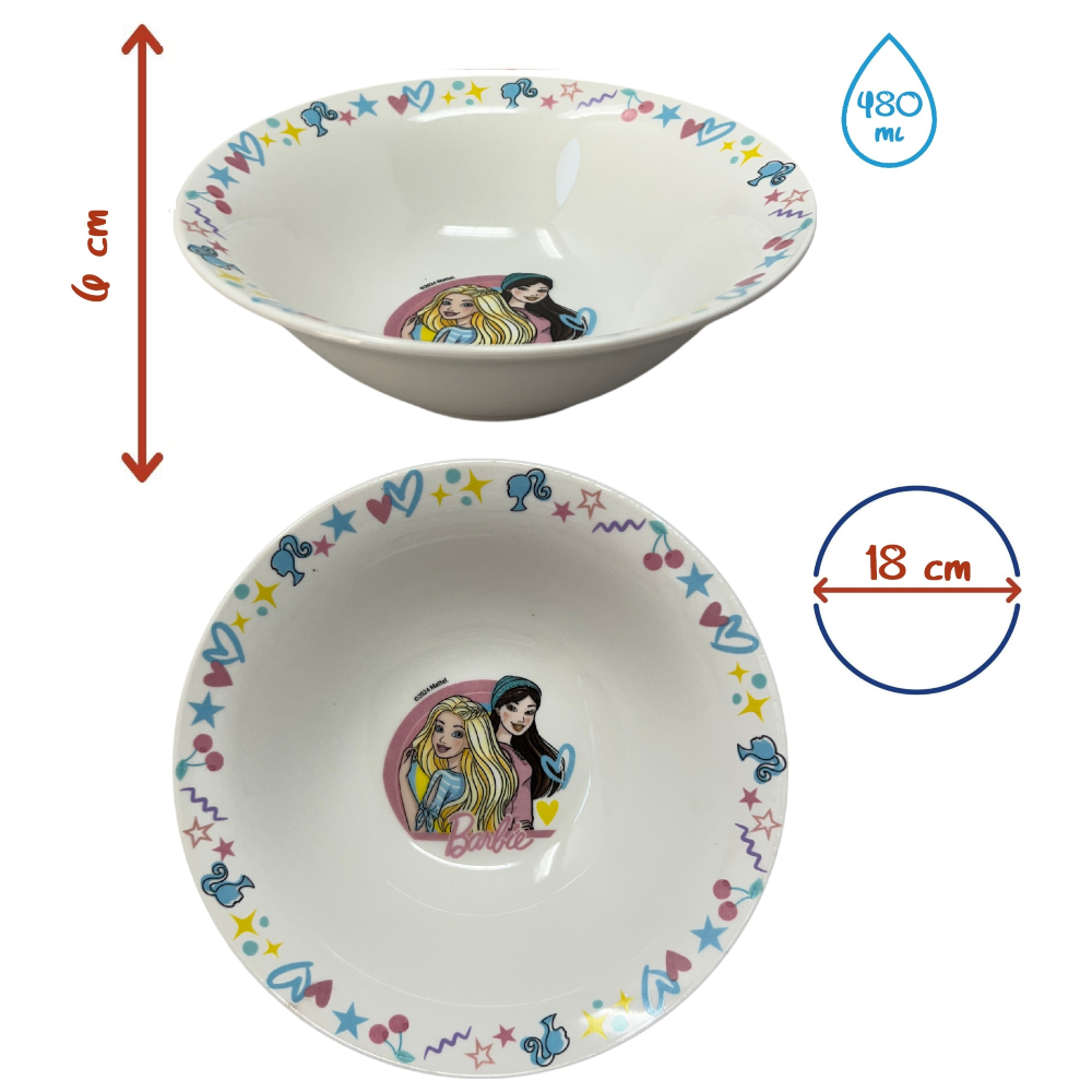 Set 3 Pezzi in Ceramica Barbie Mattel Tazza Ciotola Piatto Stoviglie per Bambini in Confezione - 83050