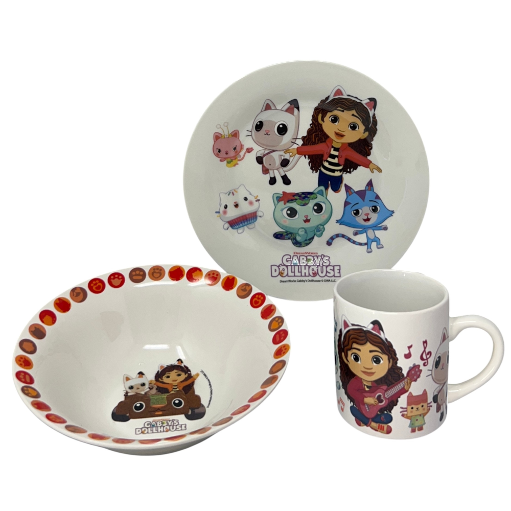 Set 3 Pezzi in Ceramica Gabby's Dollhouse Tazza Ciotola Piatto Stoviglie per Bambini in Confezione - 83051
