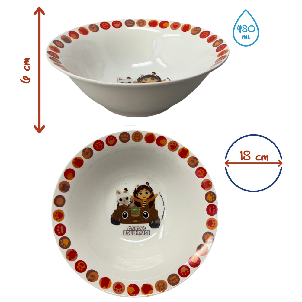 Set 3 Pezzi in Ceramica Gabby's Dollhouse Tazza Ciotola Piatto Stoviglie per Bambini in Confezione - 83051