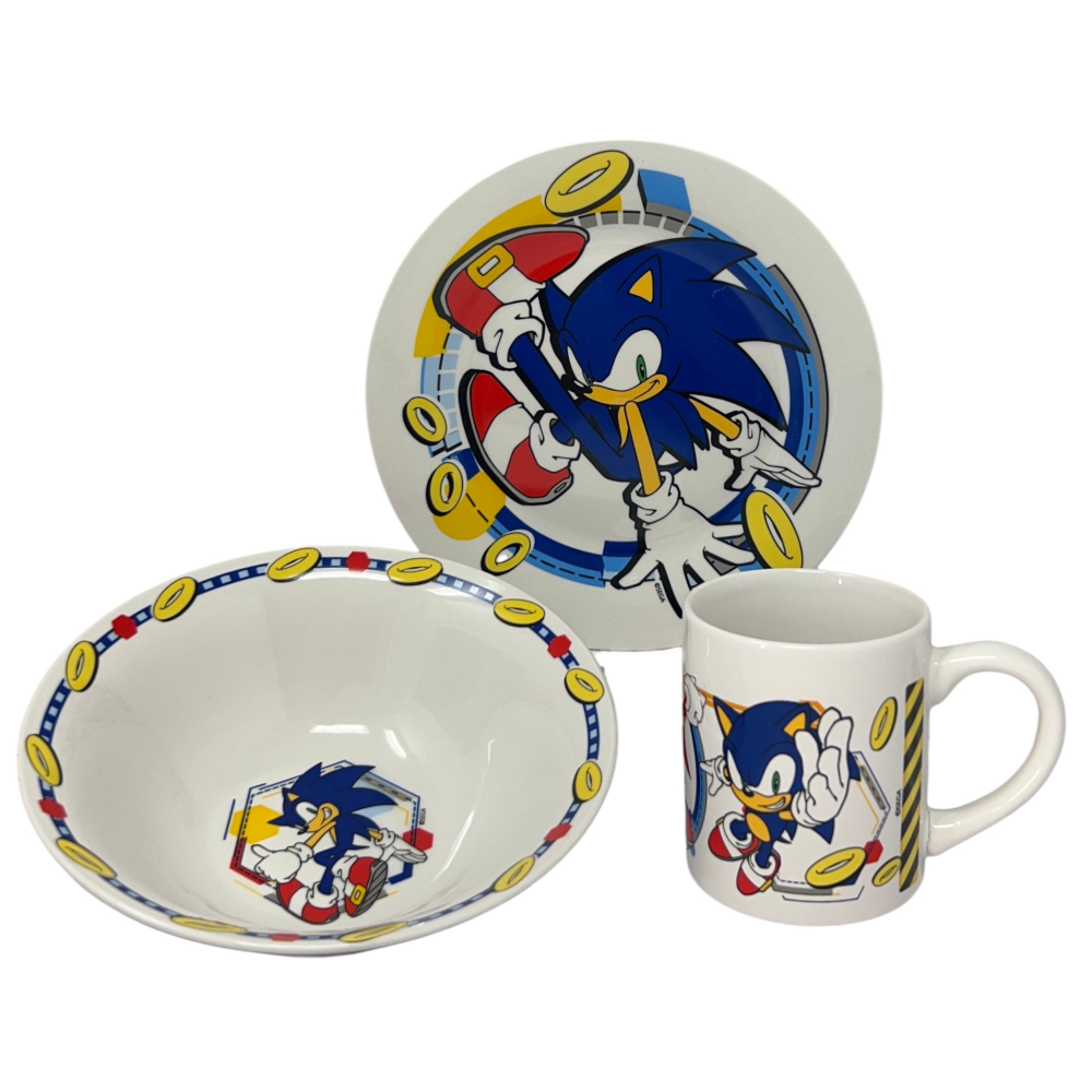 Set 3 Pezzi in Ceramica Sonic the Hedgehog Tazza Ciotola Piatto Stoviglie per Bambini in Confezione - 83054