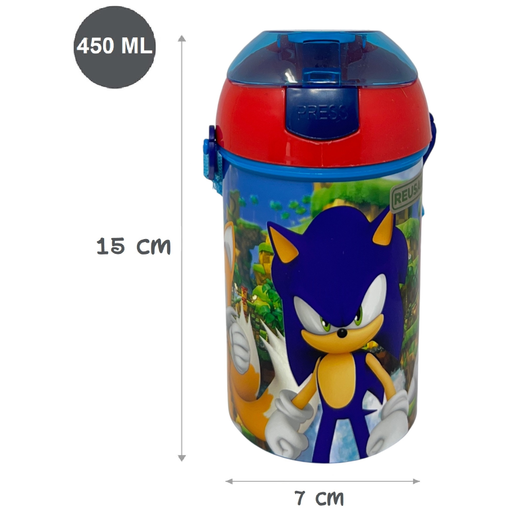 Borraccia Pop-Up Sonic Knuckles Tails Bottiglia in Plastica Riutilizzabile con Tracolla 450 Ml - 83221
