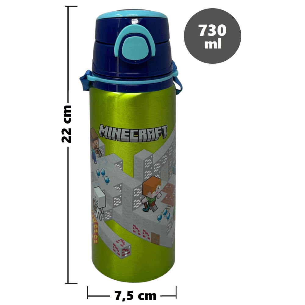 Borraccia in Alluminio Minecraft Bottiglia 730 Ml con Apertura Pop-Up e Tracolla - 83192