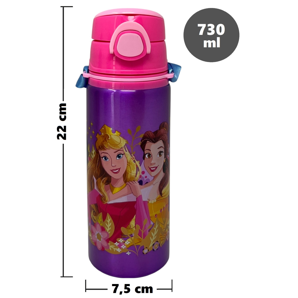 Borraccia in Alluminio Principesse DISNEY Bottiglia 730 Ml con Apertura Pop-Up e Tracolla - 83195