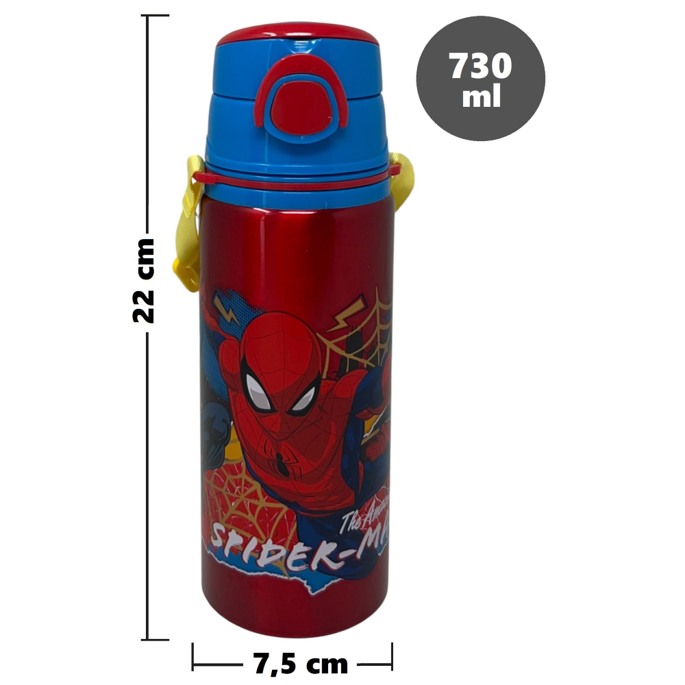 Borraccia in Alluminio Spiderman MARVEL Bottiglia 730 Ml con Apertura Pop-Up e Tracolla - 83197