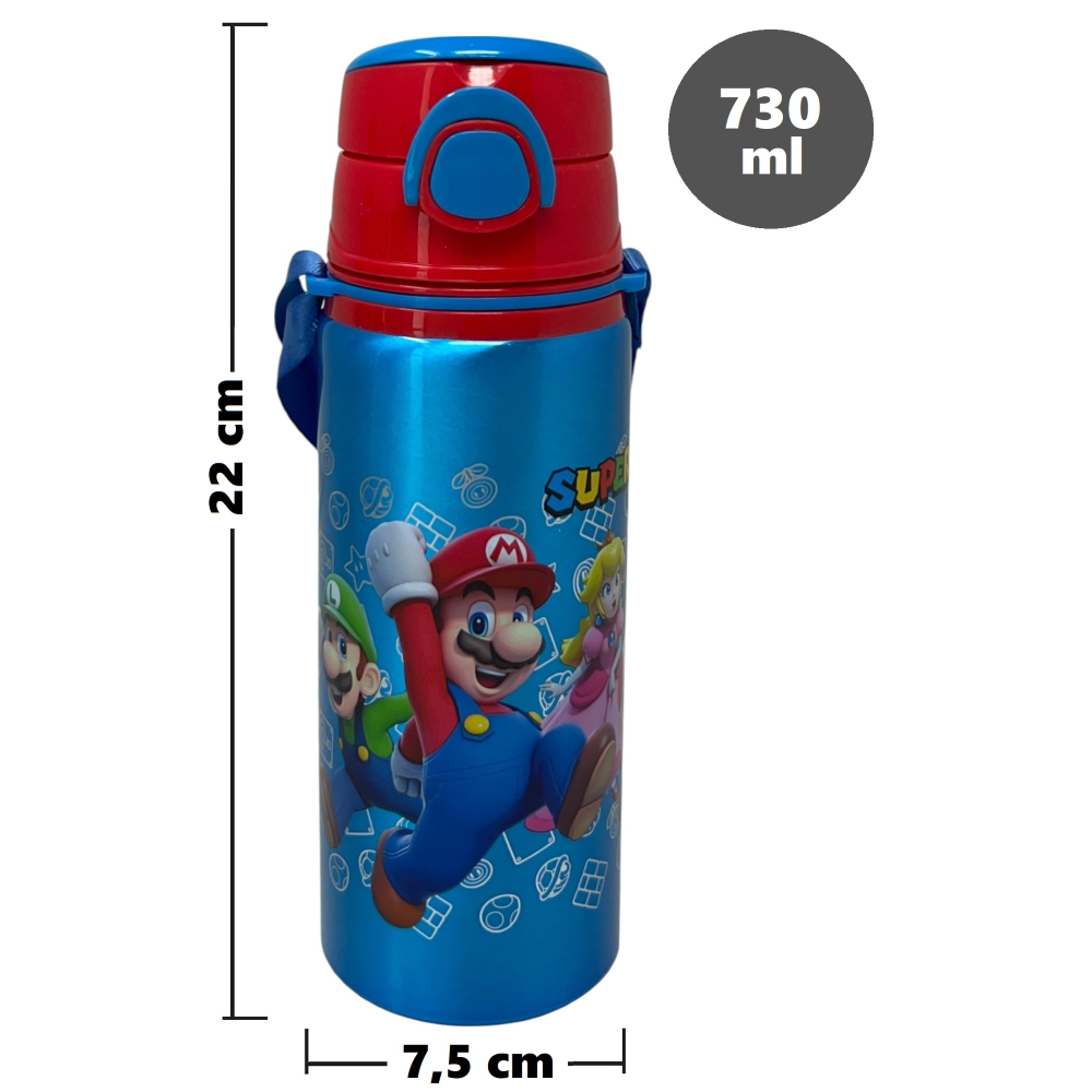 Borraccia in Alluminio Super Mario Nintendo Bottiglia 730 Ml con Apertura Pop-Up e Tracolla - 83199
