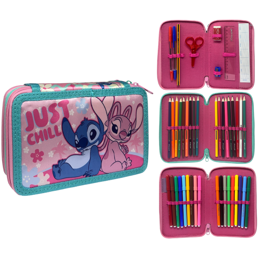 Astuccio 3 Zip Scuola Stitch e Angel DISNEY Multiscomparto Portacolori Giotto - 564801