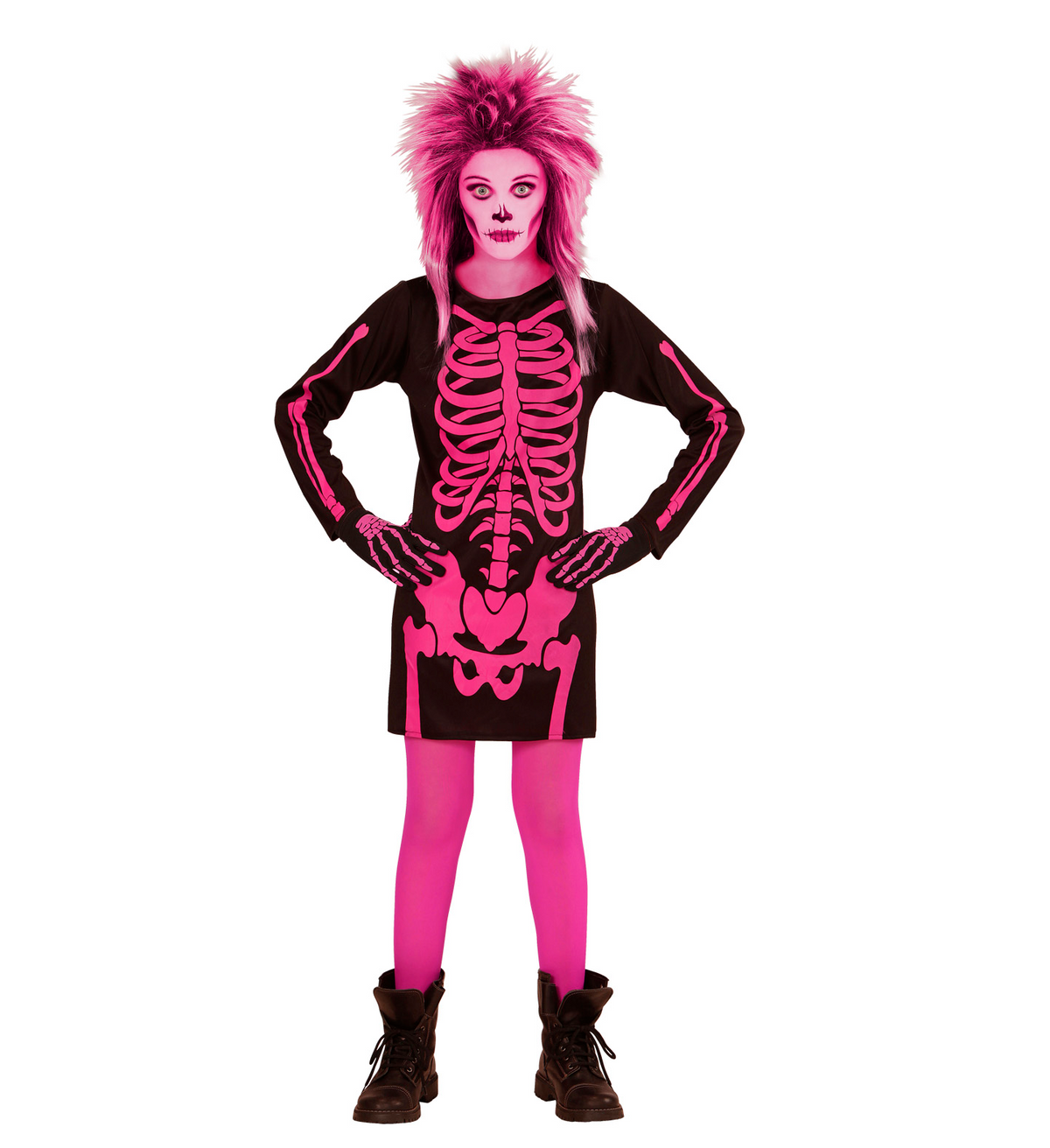 Costume Vestito Abito Travestimento Carnevale Halloween Bambina Scheletro Rosa - 0037