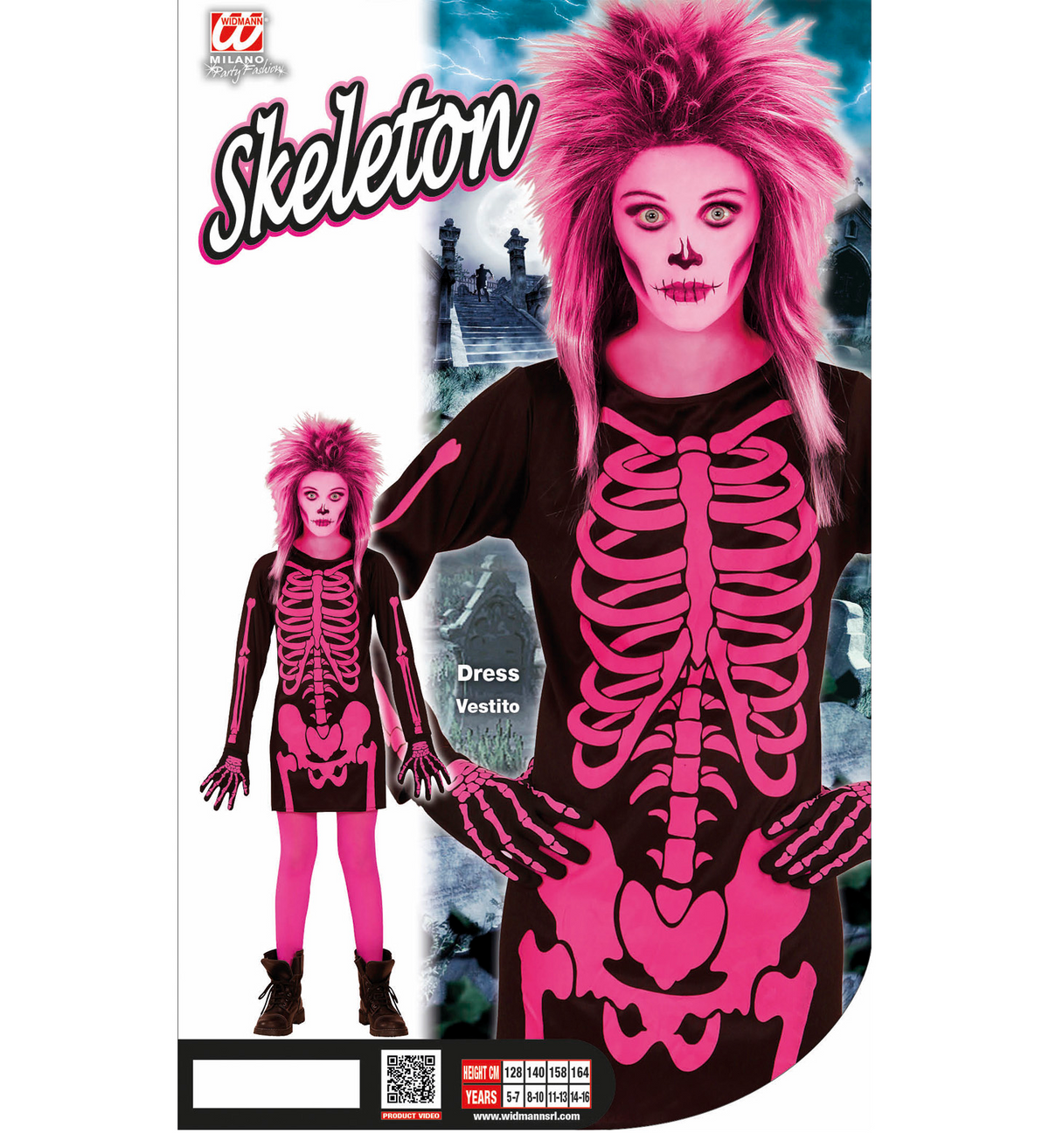 Costume Vestito Abito Travestimento Carnevale Halloween Bambina Scheletro Rosa - 0037