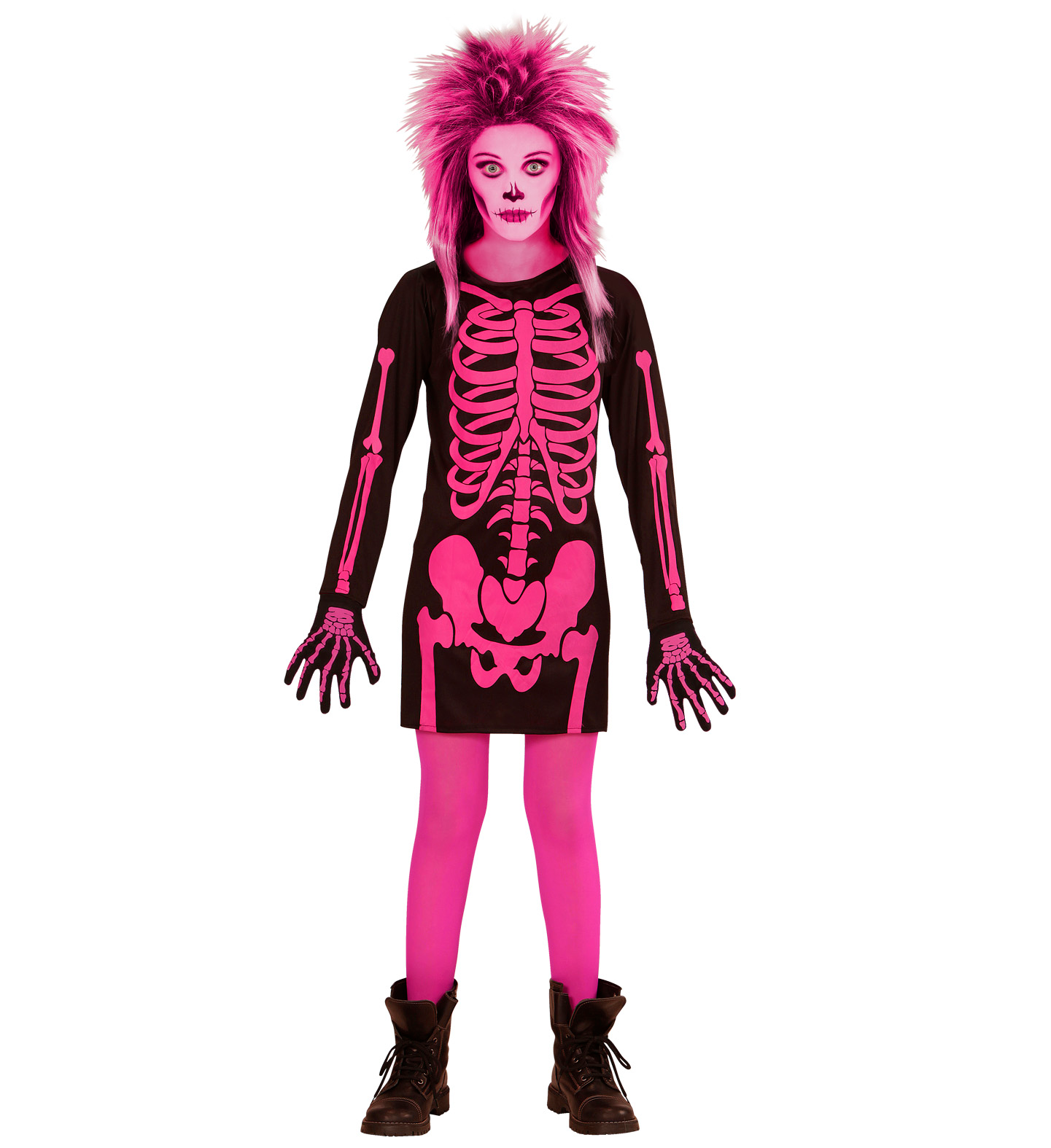 Costume Vestito Abito Travestimento Carnevale Halloween Bambina Scheletro Rosa - 0037