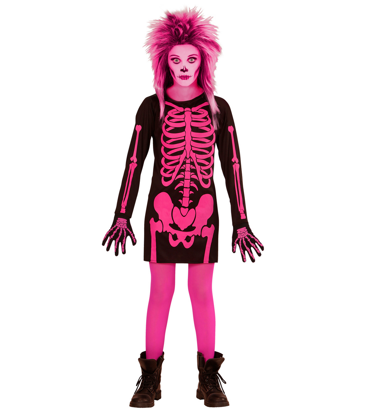 Costume Vestito Abito Travestimento Carnevale Halloween Bambina Scheletro Rosa - 0037