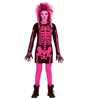 Costume Vestito Abito Travestimento Carnevale Halloween Bambina Scheletro Rosa - 0037