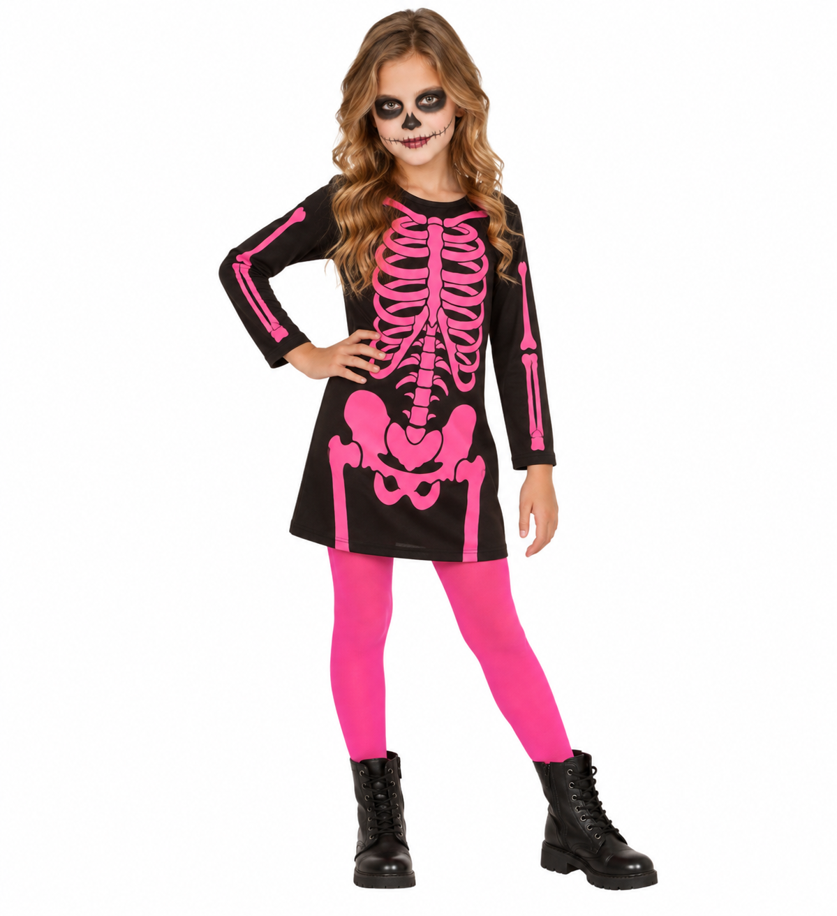 Costume Vestito Abito Travestimento Carnevale Halloween Bambina Scheletro Rosa - 0037