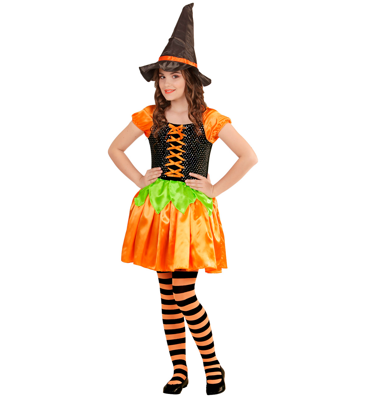 Costume Vestito Abito Travestimento Carnevale Halloween Bambina Strega Zucca Paillettes - 4904
