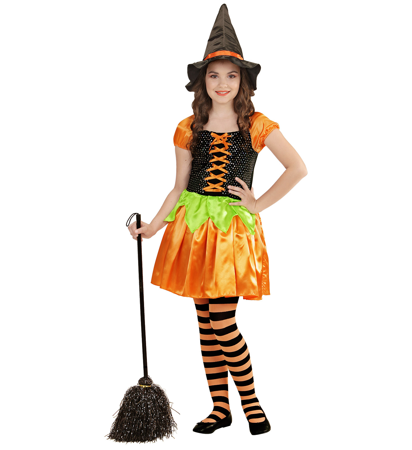 Costume Vestito Abito Travestimento Carnevale Halloween Bambina Strega Zucca Paillettes - 4904
