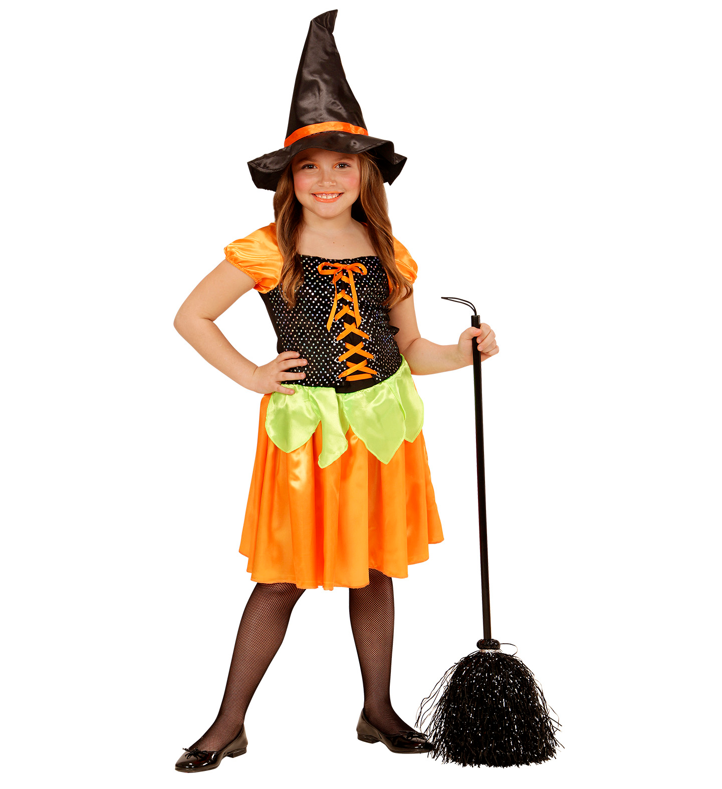 Costume Vestito Abito Travestimento Carnevale Halloween Bambina Strega Zucca Paillettes - 4904
