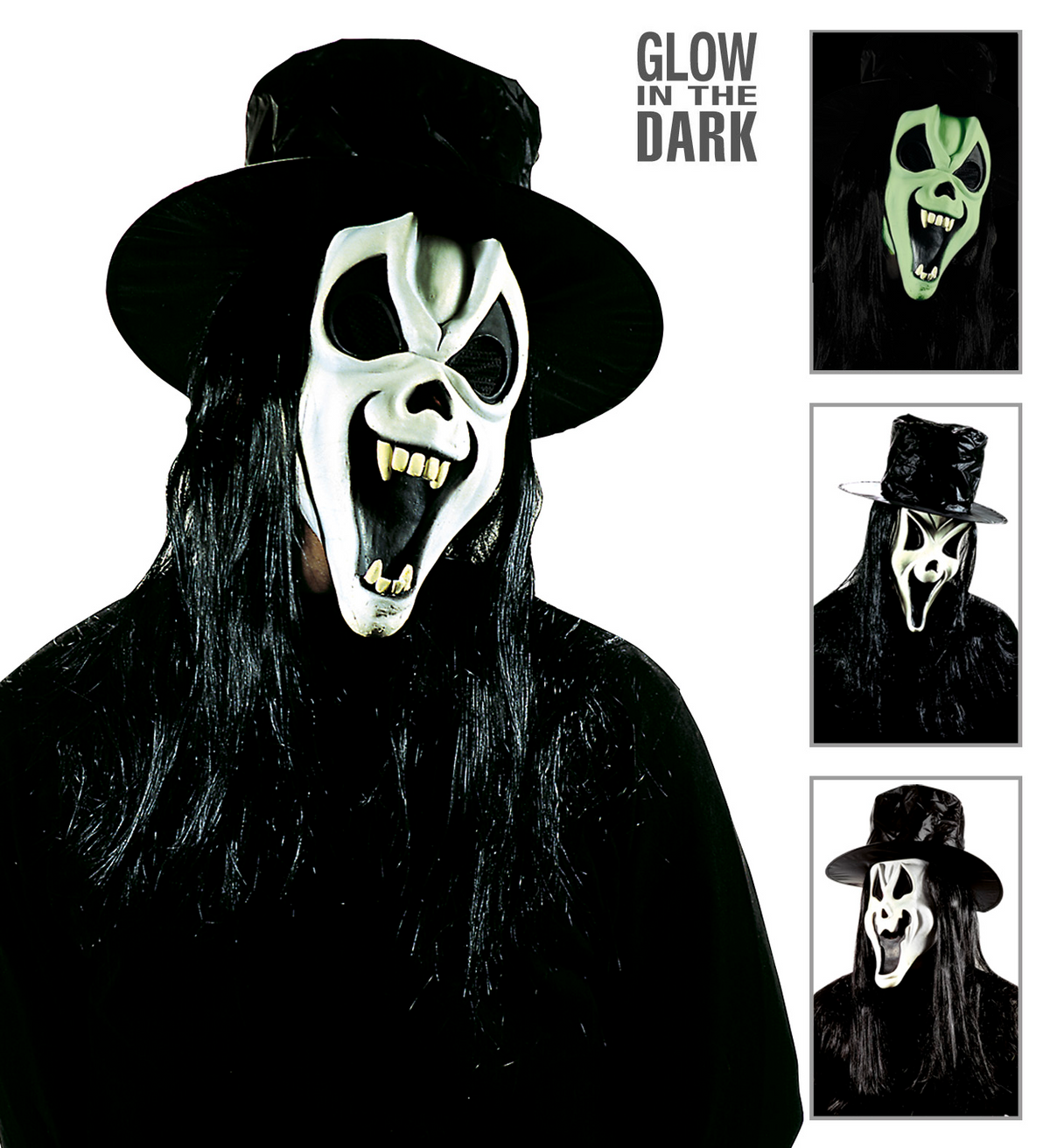Maschera Mr.ghost Fosforescente con Cappello e Capelli Vari Modelli Accessori Vestito Carnevale Halloween Bambino