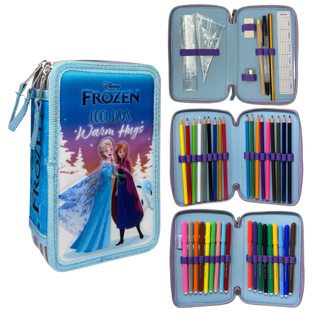 Astuccio Scuola Frozen DISNEY Multiscomparto 3 Zip Penna Papermate Pennarelli Giotto - Fr1192