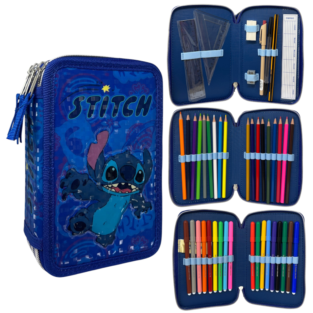 Astuccio Scuola Stitch Multiscomparto 3 Zip Penna Papermate Pennarelli Giotto - Lst1192-B
