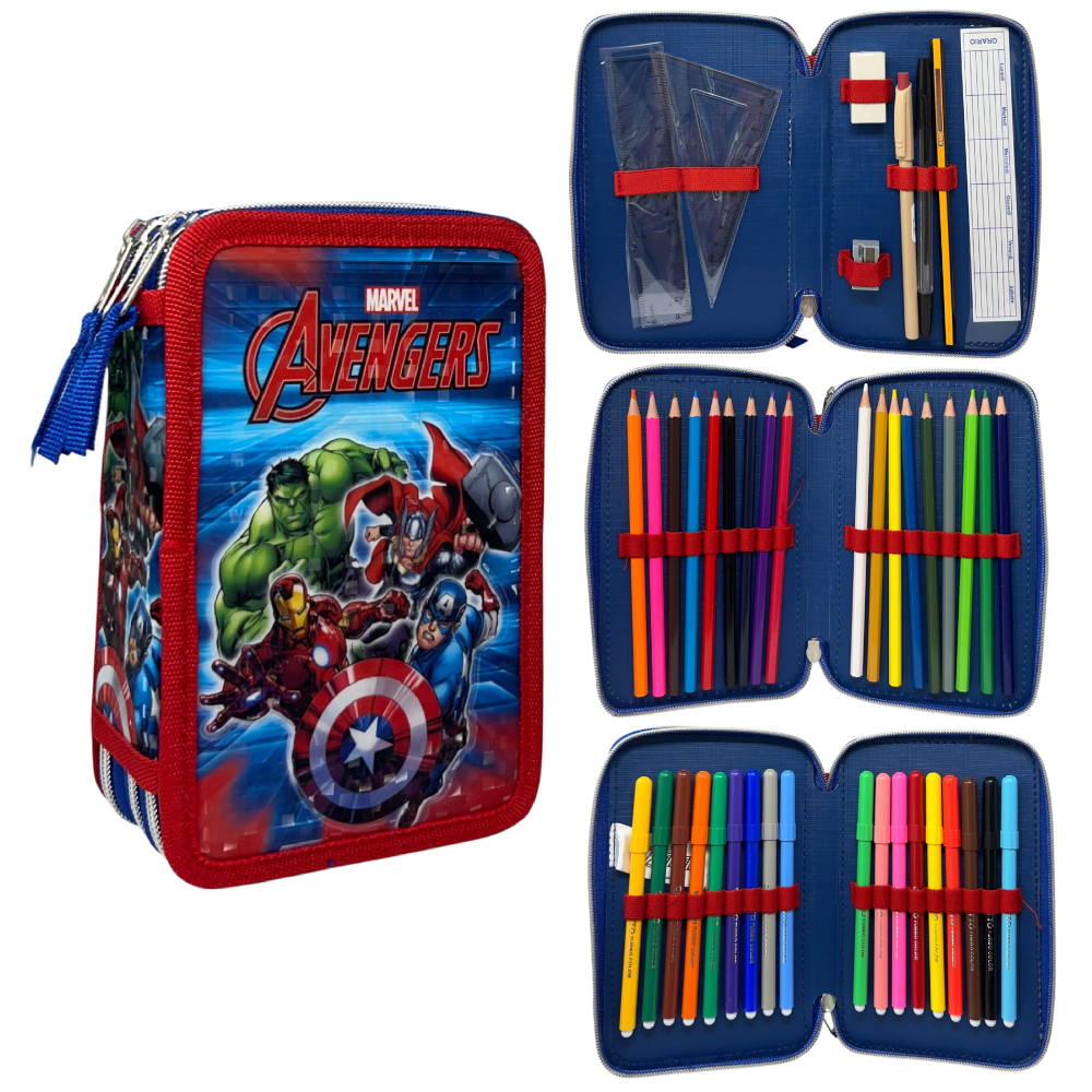 Astuccio Scuola Avengers MARVEL Multiscomparto 3 Zip Penna Papermate Pennarelli Giotto - Av1192