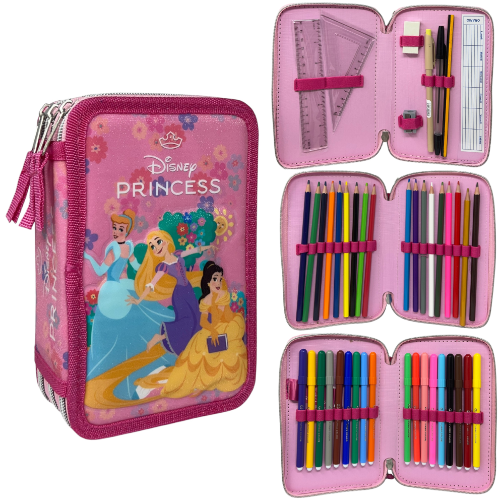 Astuccio Scuola Principesse DISNEY Multiscomparto 3 Zip Penna Papermate Pennarelli Giotto - Pr1192