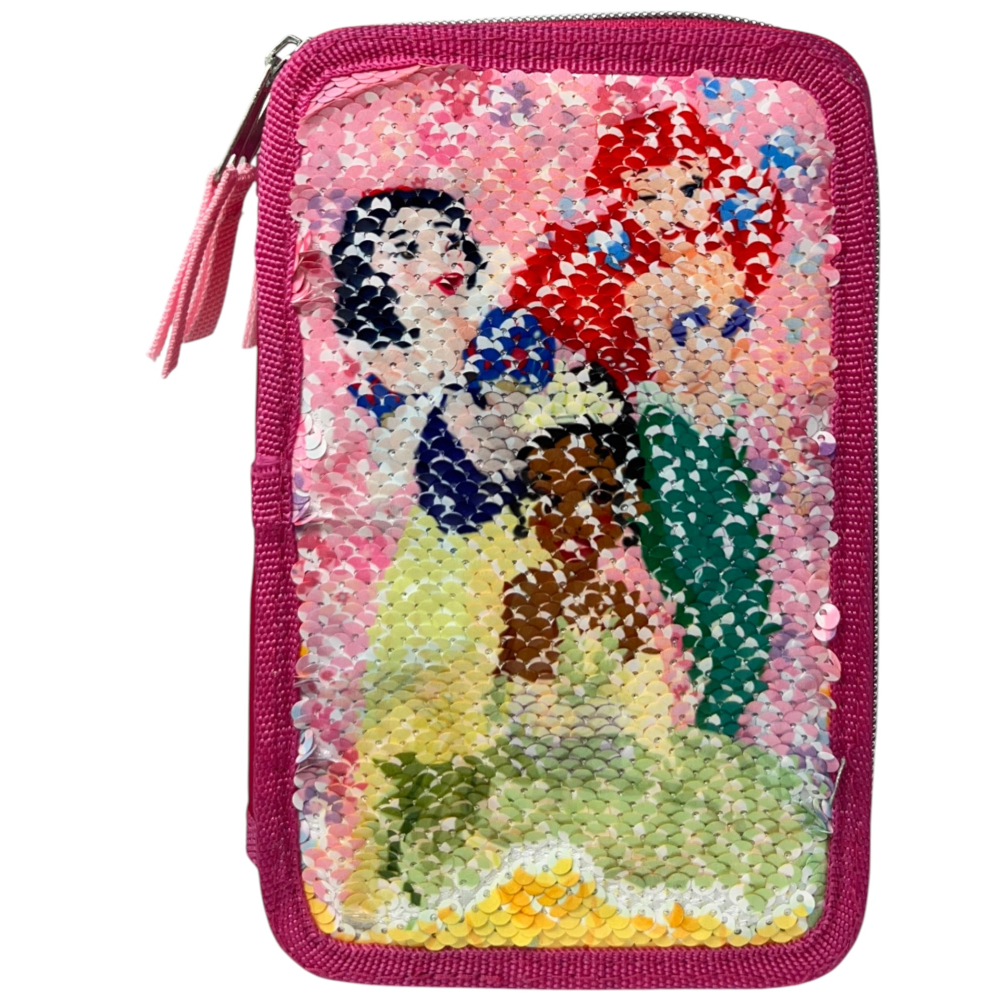 Astuccio Scuola Principesse DISNEY Multiscomparto 3 Zip Paillettes Reversibili Pennareli Giotto - Pr1225