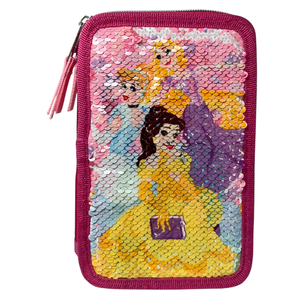 Astuccio Scuola Principesse DISNEY Multiscomparto 3 Zip Paillettes Reversibili Pennareli Giotto - Pr1225